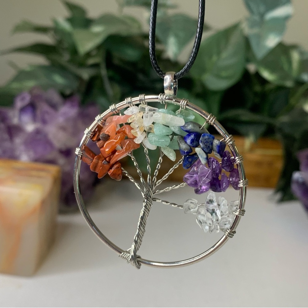 7 Chakra Stone Crystal Tree of Life Wire Wrapped Pendant Necklace Silver Tone 2"
